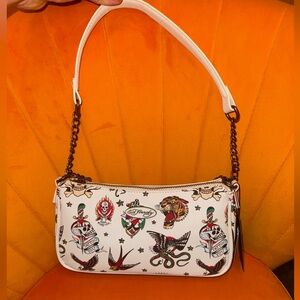 Ed Hardy White Tattoo-Print Shoulder Bag with Chain Strap - NWT